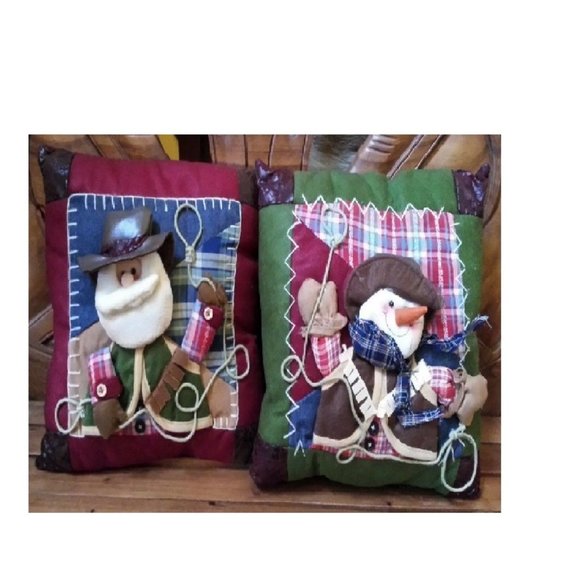 Set of Two Western Cowboy Christmas Pillow Pillows Santa Snowman Holiday NEW - Picture 1 of 4